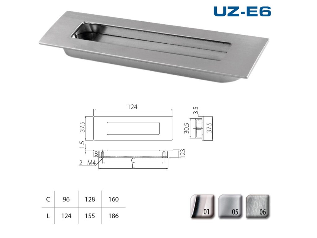 Maniglia Incasso UZ-E6-128 Interasse 128 mm.155x37 05-Alluminio | GTV - immagine 2